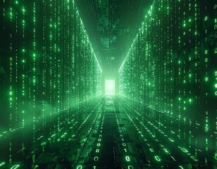 Binary code matrix wall: Thousands of bright green '0s' and '1s' radiate from the center. Backlighting, subtle fog effect, minimalist cyberpunk look, ready to be used as a vertical banner
