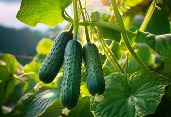 Fresh cucumbers grow among vibrant green leaves
