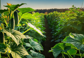 Fresh cucumbers grow among vibrant green leaves