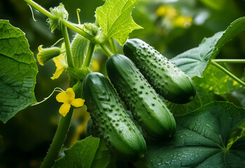 Fresh cucumbers grow among vibrant green leaves