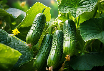 Fresh cucumbers grow among vibrant green leaves