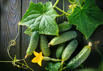 Fresh cucumbers grow among vibrant green leaves