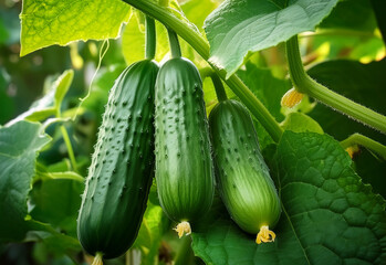 Fresh cucumbers grow among vibrant green leaves