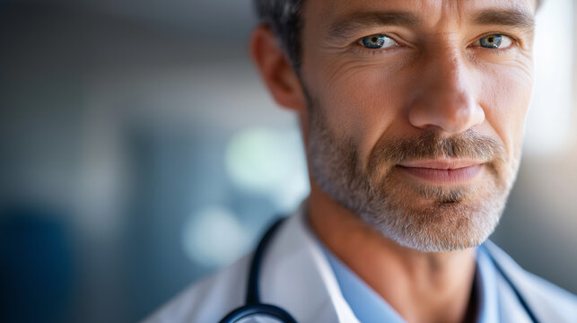 Head shot closeup of male doctor crop at eyes neutral backdrop gently defocused physician headshot faceless background defocused clean profile professional image with copy