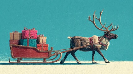 Magical reindeer pulling a sleigh filled with colorful christmas presents through a snowy winter landscape, capturing the joyful spirit of the holidays with sparkling lights, festive decorations, and
