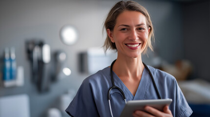 Smiling doctor standing in modern exam room with tablet crop below eyes wall instruments defocused clinical portrait faceless background defocused digital care approachable