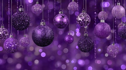 Abstract purple christmas banner featuring elegant shiny baubles and glittering ornaments on a festive background, perfect for holiday greeting cards, seasonal party invitations, and modern winter dec