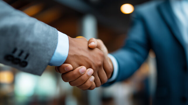 Two young multinational businessmen concluding agreement with handshake torsos framed lobby intentionally defocused business handshake faceless background defocused