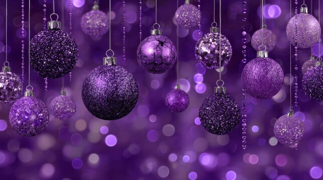 Abstract purple christmas banner featuring elegant shiny baubles and glittering ornaments on a festive background, perfect for holiday greeting cards, seasonal party invitations, and modern winter dec