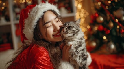 Beautiful asian girl in santa claus costume kissing her adorable cat in cozy living room decorated with christmas tree, festive holiday scene capturing warm winter atmosphere and heartwarming pet love