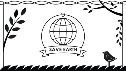 Elegant monochrome globe with the inscription "Save Earth" for environmental awareness campaigns and eco-friendly initiatives promotion