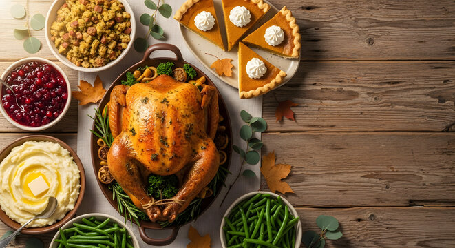 roasted turkey dinner with traditional thanksgiving side dishes on rustic wooden table overhead view

