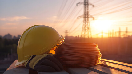 Electrical safety gear and cable against a sunset backdrop with power lines. Symbolizing industry infrastructure and safety measures in electrical work.
