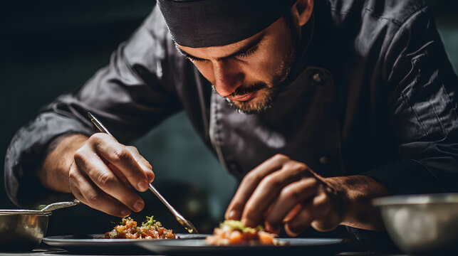 Culinary Artist at Work: A focused chef meticulously crafts a gourmet dish, embodying the art of culinary excellence.