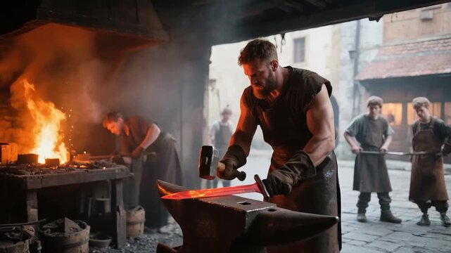 A blacksmith forges a sword in a medieval forge. A historical reconstruction of ironworking in the medieval era.
