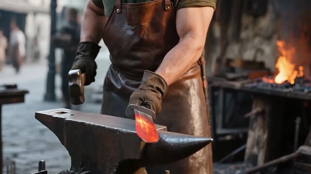 A blacksmith forges a sword in a medieval forge. A historical reconstruction of ironworking in the medieval era.