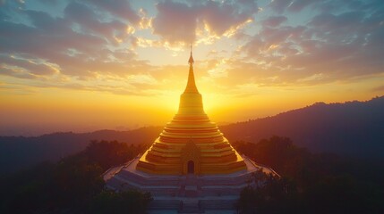 Golden pagoda atop a hill, sunset with a warm light through the sky