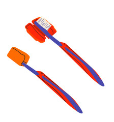 A toothbrush in a closed and open orange case. Protective cap for a toothbrush. Travel toothbrush case. Oral care, water treatments. Flat vector illustration on a white background