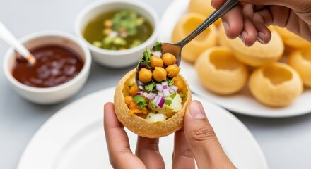 Hand filling pani puri with chickpeas, potato, onion and coriander leaves