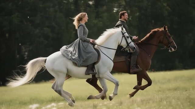 A noble medieval couple on a horseback ride. A historical reconstruction of everyday life in the Middle Ages
