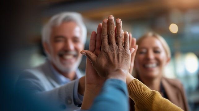 Excited diverse employees giving high five to elder boss hands central faces out open office intentionally defocused team celebration faceless background defocused morale boo