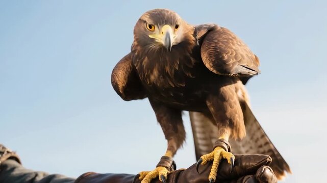 A close-up of a falcon on the protected hand of a medieval falconer before falconry. A historical reconstruction of life in the Middle Ages