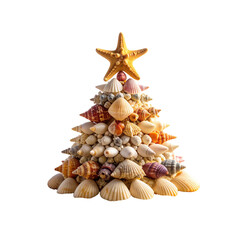 Obraz premium Mini Seashell Christmas Tree Decor on Sandy Beach with Starfish, isolated on transparent background”