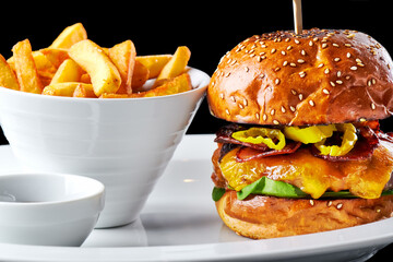 Gourmet cheeseburger with fries on white bowl close up
