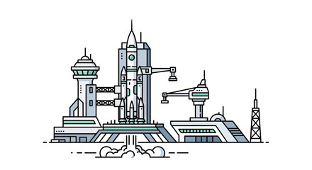 Stylized launch complex illustration with rocket, tower, and support structures creating a