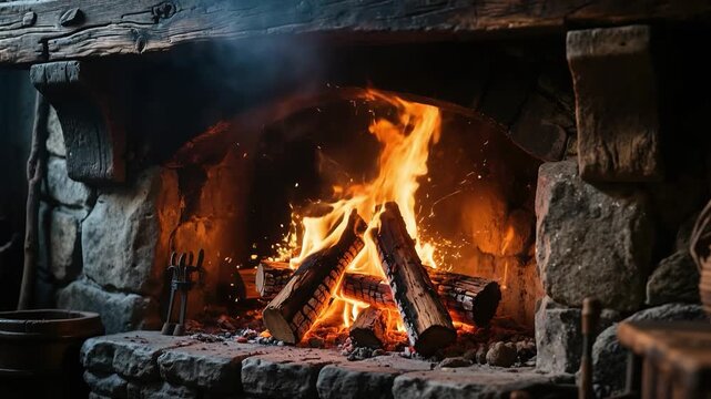 Close-up view of a burning fireplace in a medieval castle. The concept of warmth and comfort by the hearth