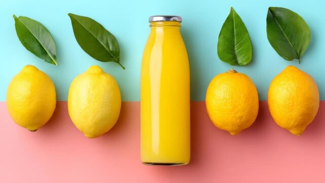 Fresh lemon juice bottle and lemons arranged on a vibrant pastel background.