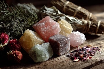 Healing crystals and herbs on wooden table for natural energy cleansing ritual