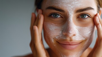 Woman applying facial mask with a warm smile and soft background