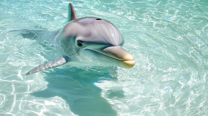 Obraz premium A dolphin swims just below the water's surface, looking towards the viewer. Calm, clear water