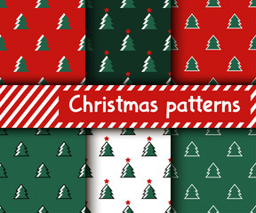Christmas seamless patterns set. Cute minimalist backgrounds for Christmas and New Year with geometric fir trees in flat cartoon style for a wallpaper, textile, gift wrapping paper, greeting cards