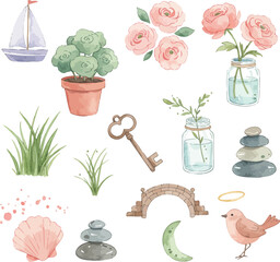 Watercolor illustration of various objects nature design