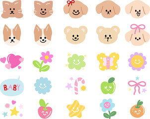 Cute vector illustrations of puppy, teddy bear and cat expressions, butterfly, flower, heart, orange, apple, candy for cartoon characters, comic, animals, pet shop, vet, emoji, mood, emotion, fruits