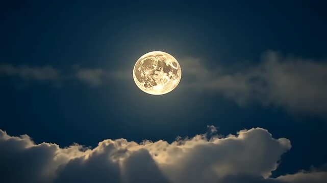 Celestial Radiance: A Full Moon Rising Through Tranquil Clouds at Night