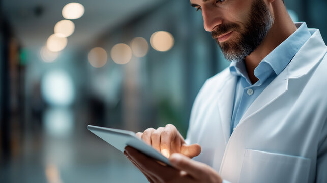 Professional male doctor in lab coat working on tablet UI detail sharp face cropped corridor defocused digital rounds faceless background defocused EMR hospital workflow