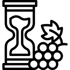 Hourglass next to grapes and a leaf with a black outline on a transparent background representing winemaking time and harvest