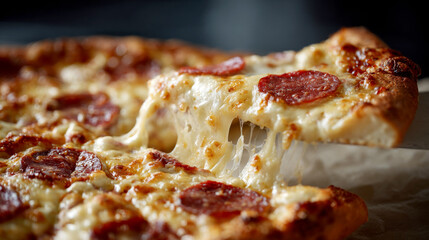 Advertising close up shot of pizza, pizza piece is separated from whole pizza stretchy cheese and salami circles as toppings, back light, white pizzeria restaurant background