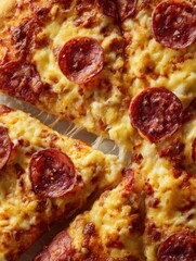 Advertising close up shot of pizza, pizza piece is separated from whole pizza stretchy cheese and salami circles as toppings, back light, white studio background