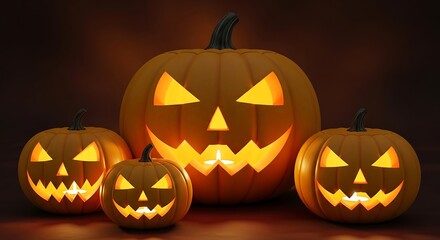 Spooky halloween jack-o-lanterns glowing with light for a festive nighttime celebration