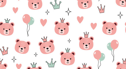 Fototapeta premium Adorable pink teddy bears wearing crowns and little hearts as birthday decorations.