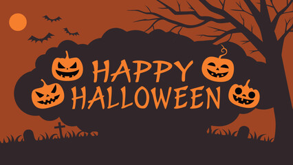Spooky Halloween greeting with grinning pumpkins, bats, and a gnarled tree on a ghostly night, perfect for holiday promotions and cards