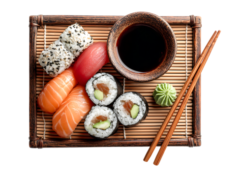 Delicious Assortment of Fresh Sushi Rolls and Nigiri on Bamboo Mat with Chopsticks isolated on a transparent background