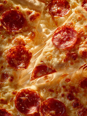 Advertising close up shot of pizza, pizza piece is separated from whole pizza stretchy cheese and salami circles as toppings, back light, white pizzeria restaurant background
