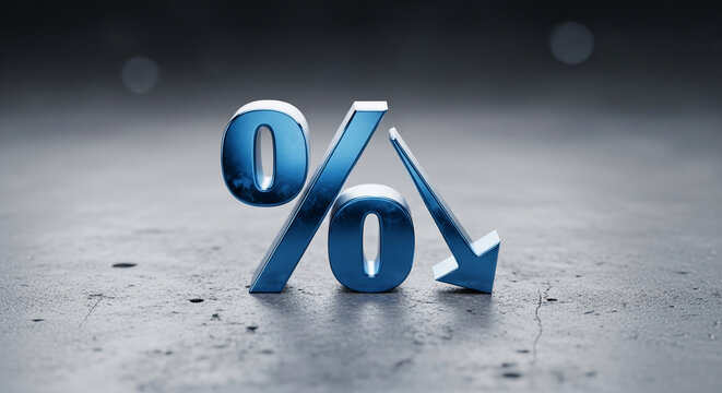Blue percentage symbol with arrow pointing down on a gray surface, representing decrease, loss, or reduction in value, finance, or investment