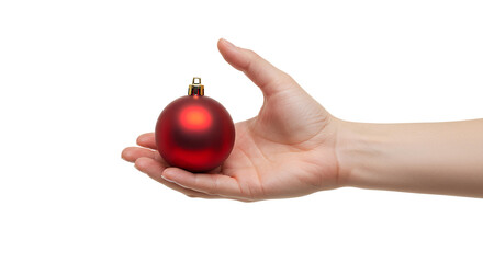 hand holding red christmas bauble for Christmas 2025 PNG. Transparent image of a hand with red Christmas tree ball for holiday concepts isolated