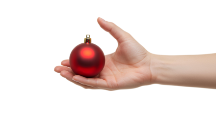 hand holding red christmas bauble for Christmas 2025 PNG. Transparent image of a hand with red Christmas tree ball for holiday concepts isolated